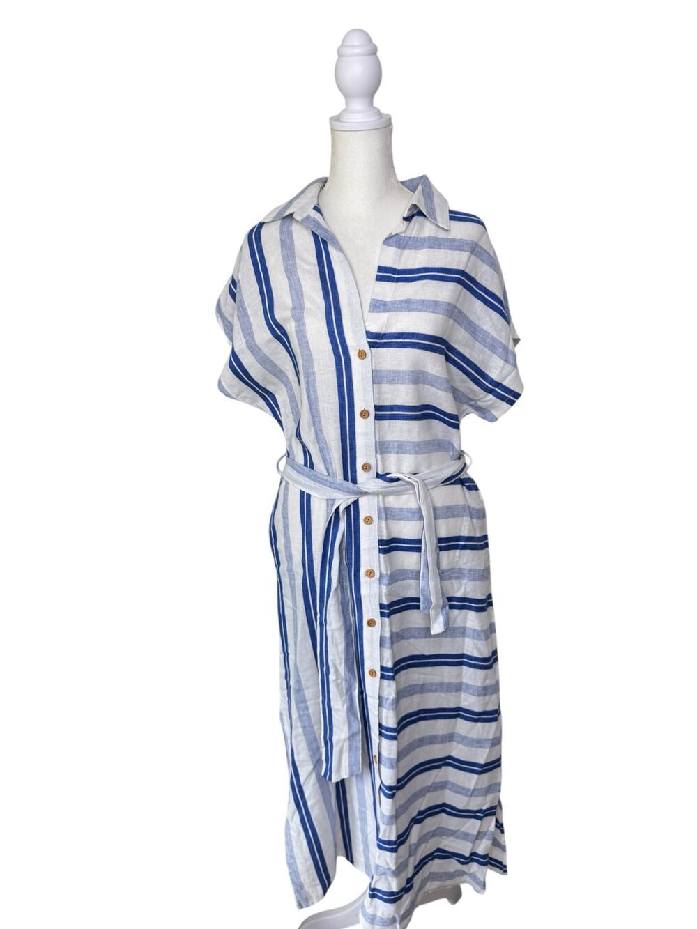 RED CARTER Shay Linen Blend Belted Midi Dress Swim Cover Up Blue White Small